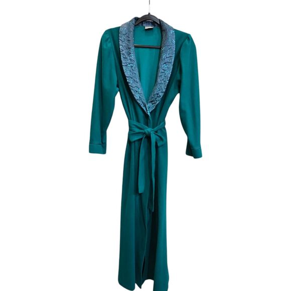Vintage Maggie McQuade Long Teal Green Get Ready Robe Embroidered Collar Pockets - Picture 5 of 14